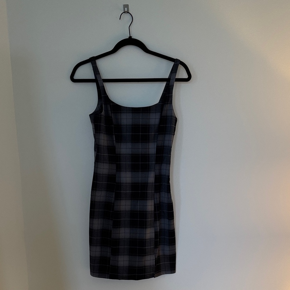 Elegant Black and Gray Plaid Mini Dress